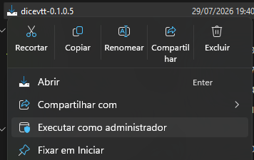 Menu de contexto do Windows mostrando a opção Executar como administrador sobre o setup_dicevtt.exe