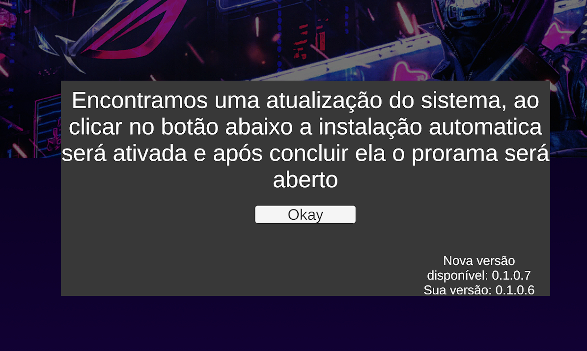 Janela do DiceVTT avisando que uma nova versão está disponível, com o botão Ok para iniciar a atualização
