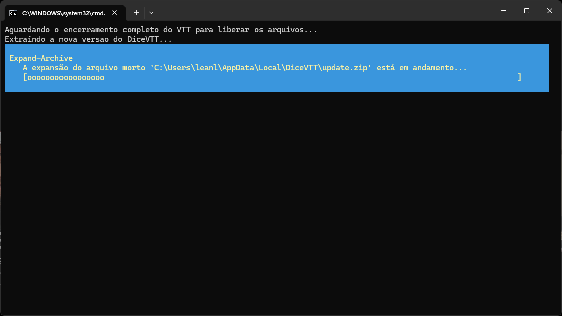 Janela de terminal preta do Windows extraindo e aplicando os arquivos da atualização do DiceVTT